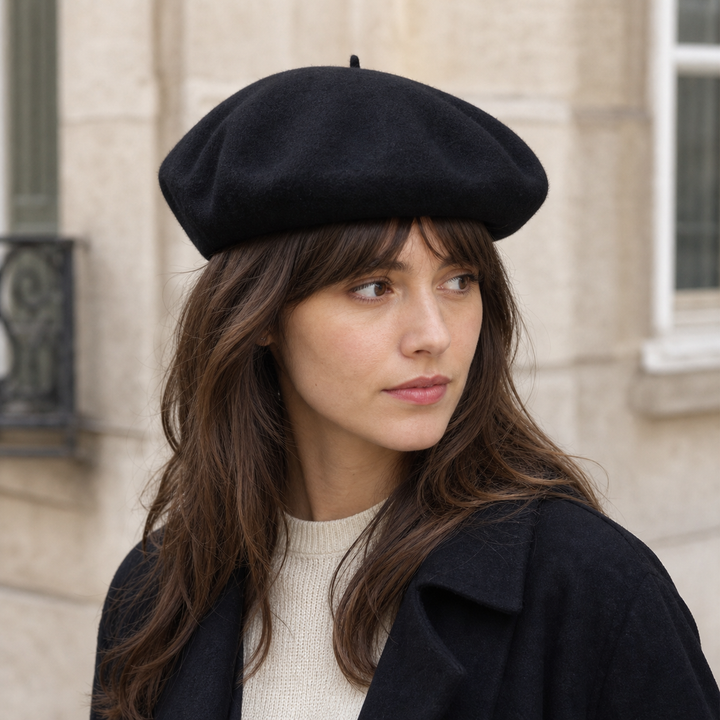 Femme portant un béret basque noir en laine