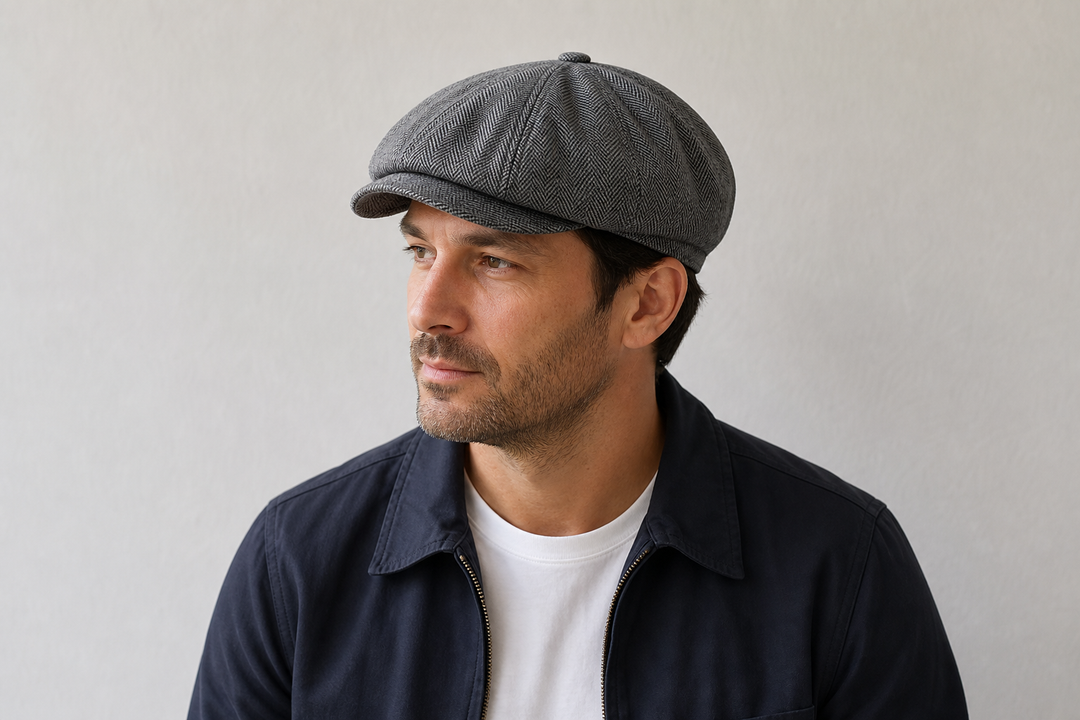 Homme portant une casquette gavroche vintage grise