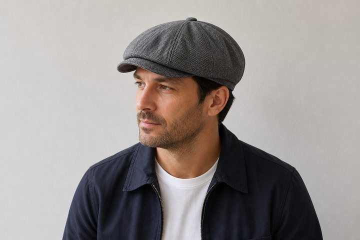 Homme portant une casquette gavroche vintage grise